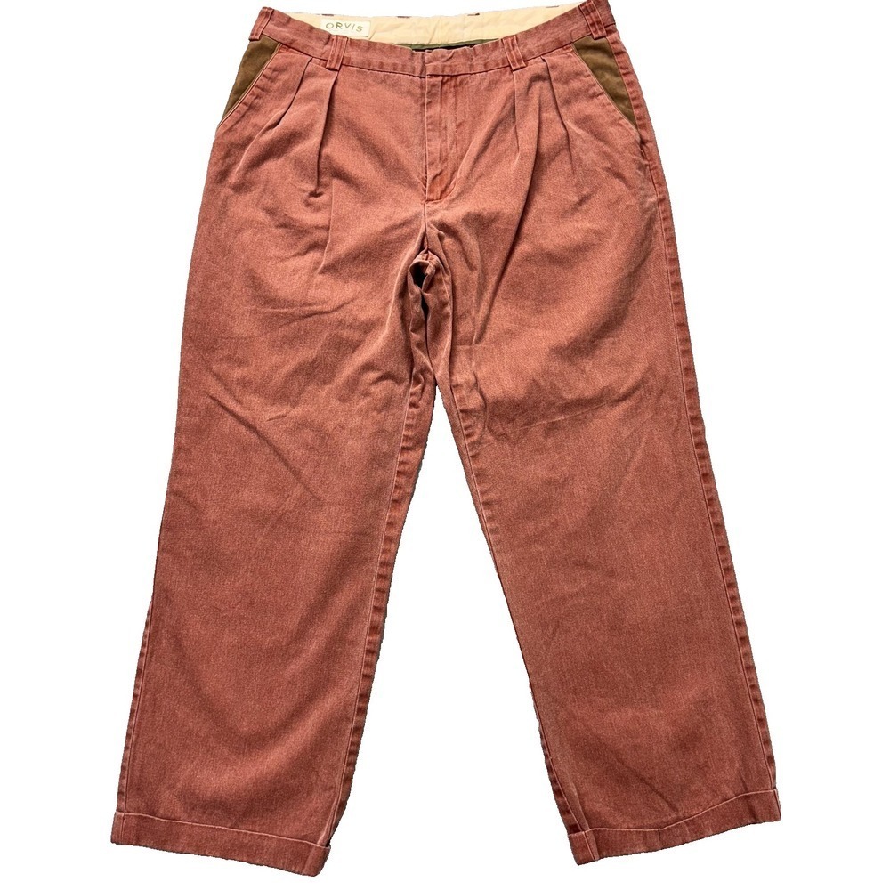 Orvis Pants Mens 38 Red Brown Pleated Cuffed Cotton Field Chino 38x29 Outdoor